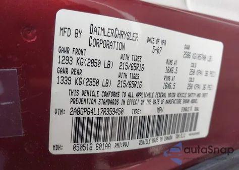 2007 Chrysler Town & Country Limited from USA, damaged, VIN 2A8GP64L17R359450